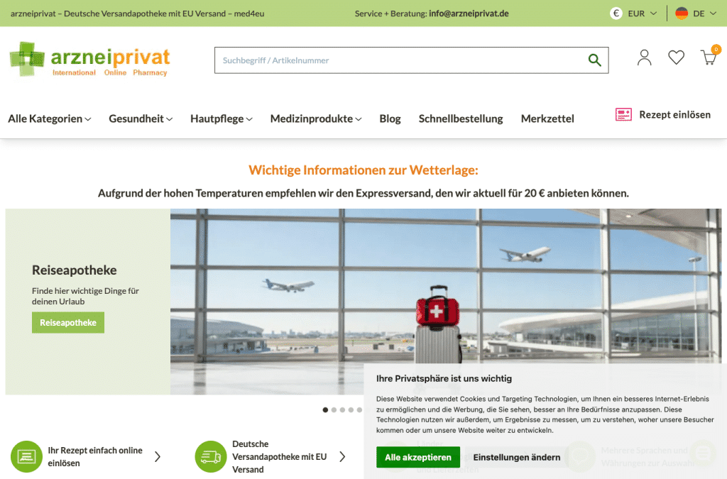 Bildschirmaufnahme von arzneiprivat.de