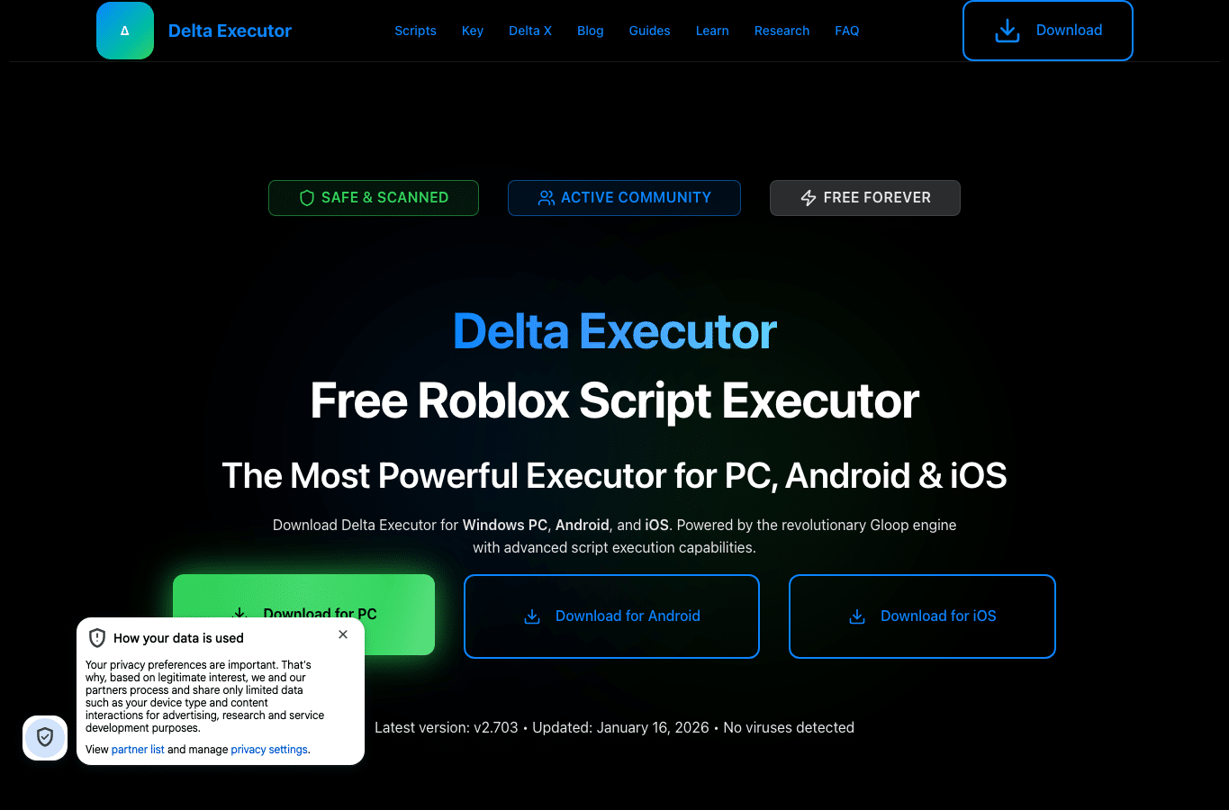 Bildschirmaufnahme von deltaexecutor.co