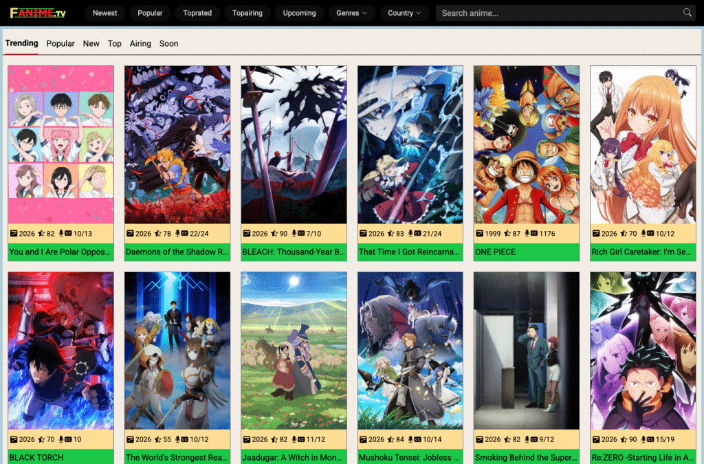 Bildschirmaufnahme von fanime.tv