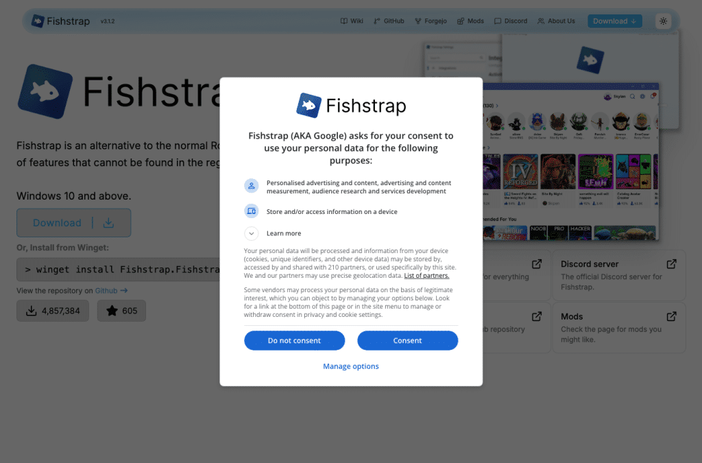 Bildschirmaufnahme von fishstrap.app