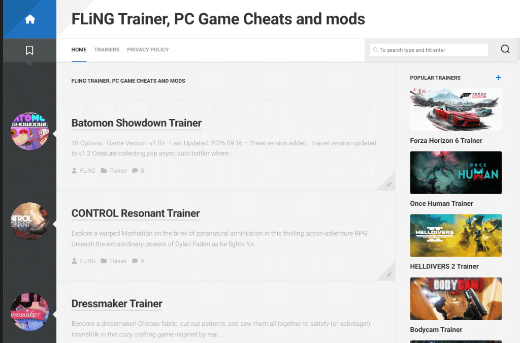 Bildschirmaufnahme von flingtrainer.io