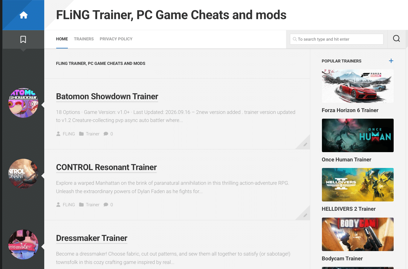 Bildschirmaufnahme von flingtrainer.io