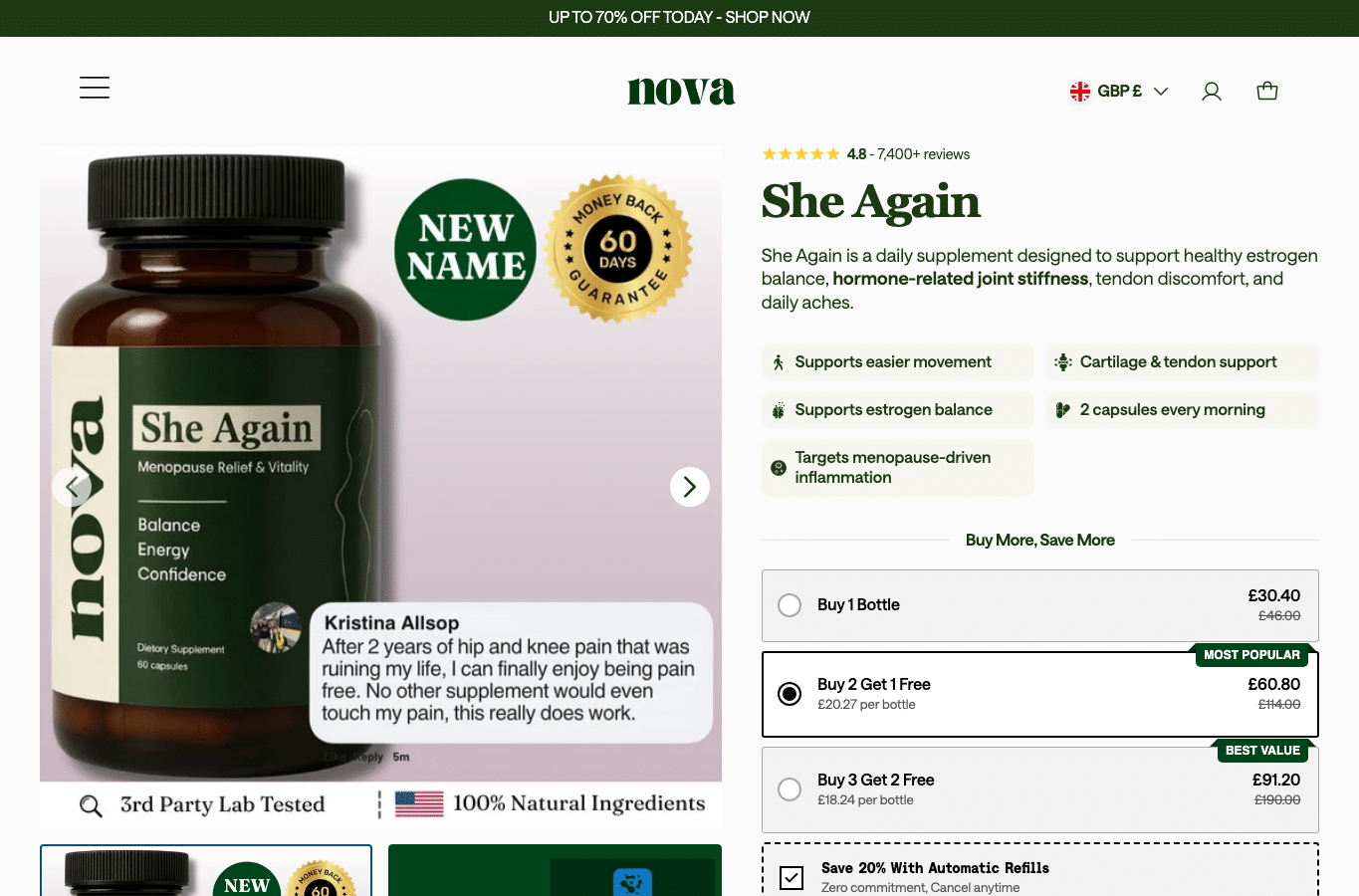 Bildschirmaufnahme von hernovabottle.com