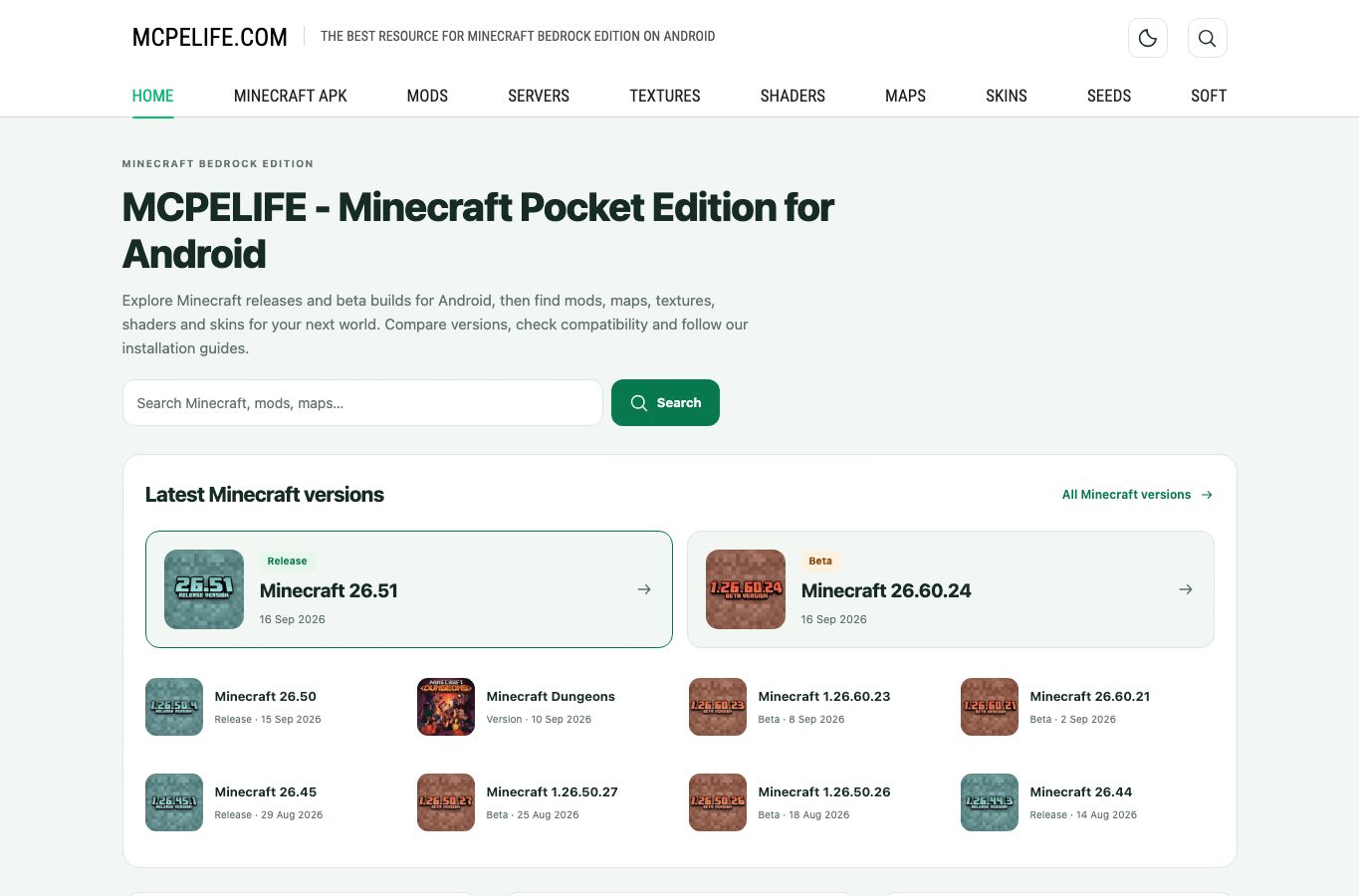 Bildschirmaufnahme von mcpelife.com