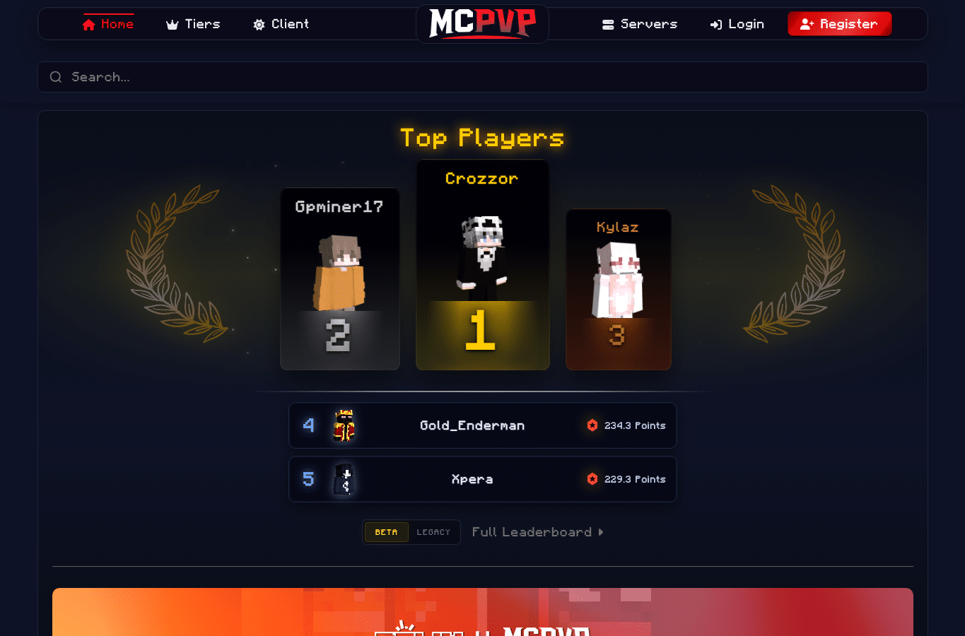 Bildschirmaufnahme von mcpvp.com