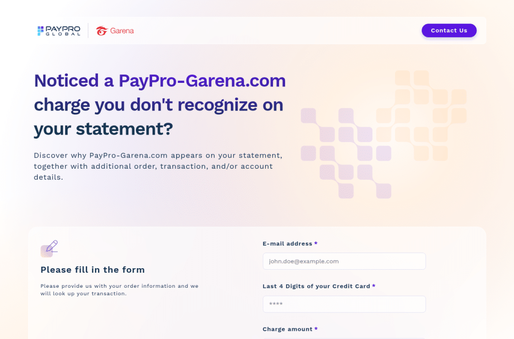 Bildschirmaufnahme von paypro-garena.com