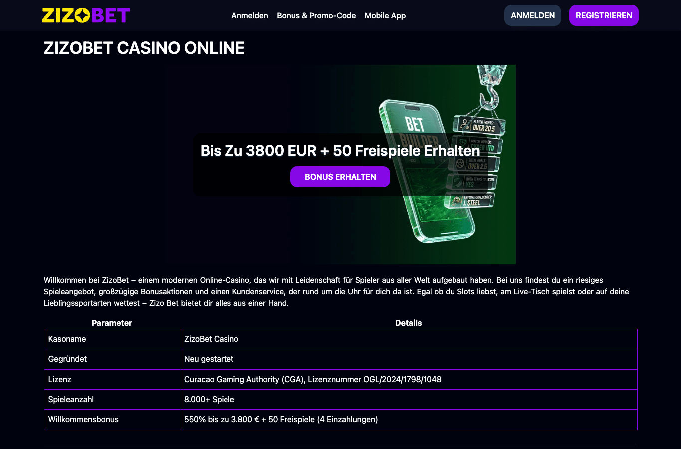 Bildschirmaufnahme von zizobetcasinos-de.com